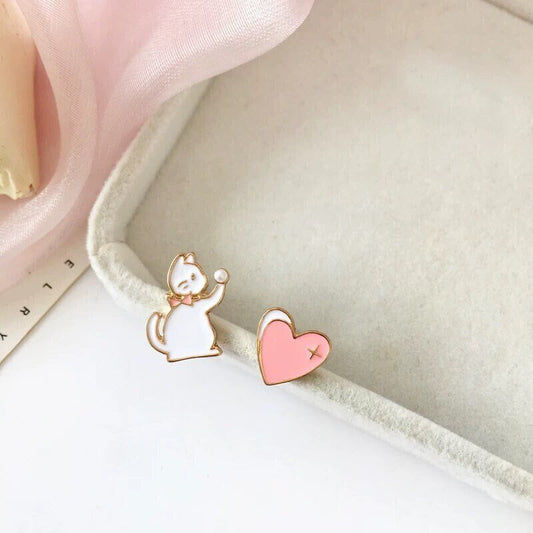 White Cat and Pink Heart Stud Earrings