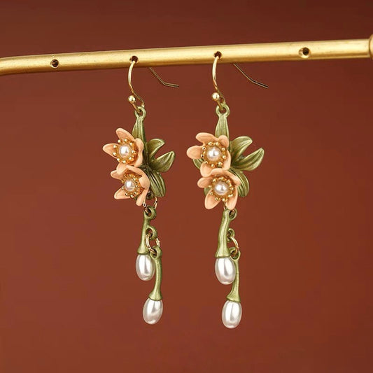 Double Flower and Pearl Dangle Earrings