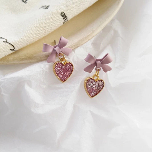 Purple Glitter Heart Drop Earrings, Lavender Bow Earrings