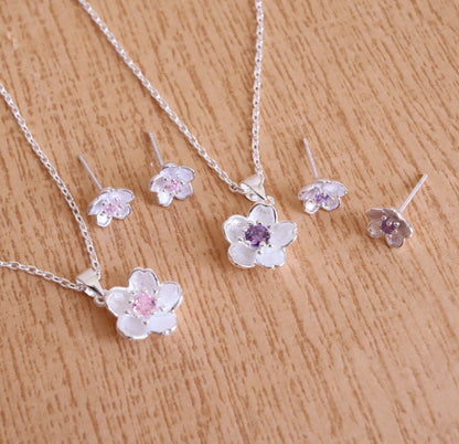 Cherry Blossom Sterling Silver Jewelry Set, Flower Necklace/ Earrings, Pink or Purple Cubic Zirconia Jewelry