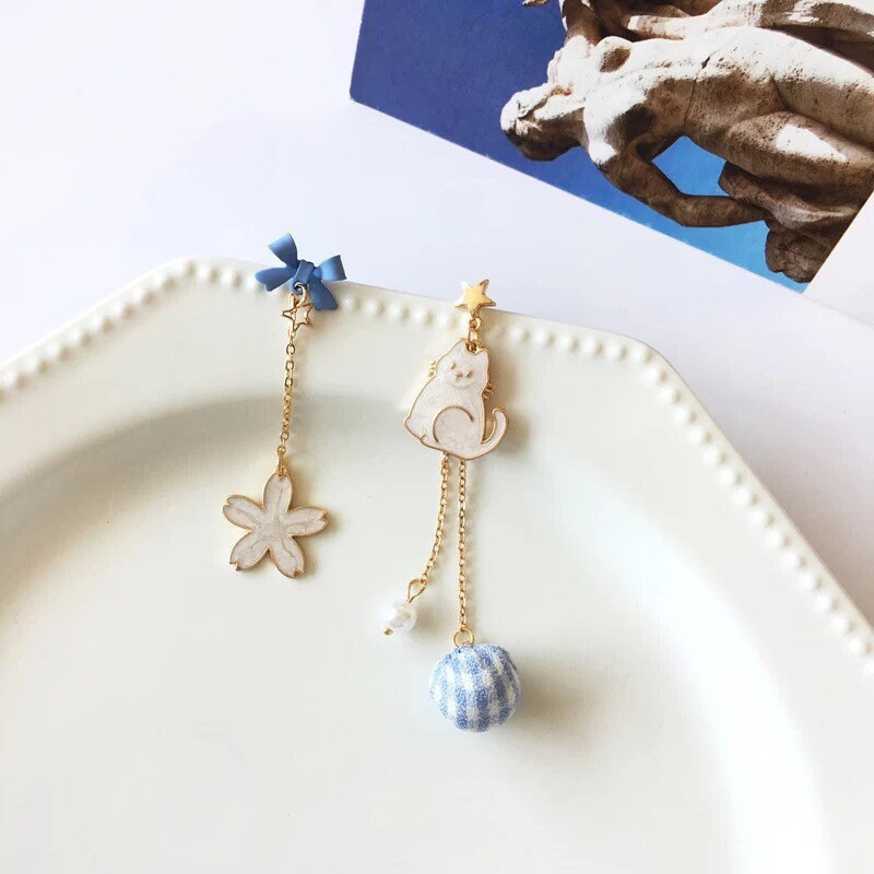 White Sakura and Cat Dangle Earrings