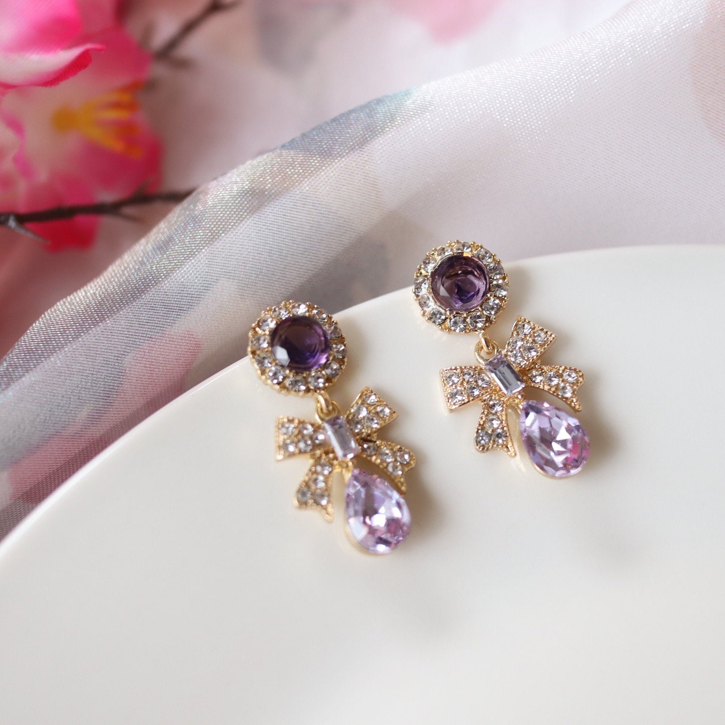 Vintage Gothic Lavender Purple Crystal Ribbon Dangle Earrings