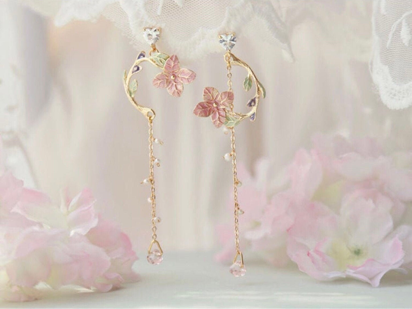 Elegant Pink Sakura Earrings, Cherry Blossom Dangle Earrings