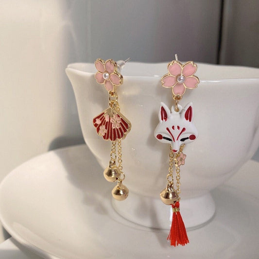 Japanese Style Fox/ Shrine/ Kitsune Earrings, Sakura Cherry Blossom Earrings