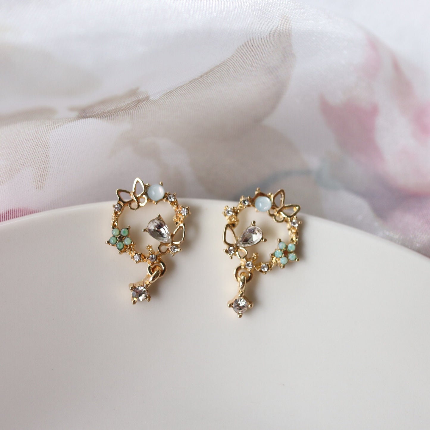 Green Wreath Butterfly Floral Earrings