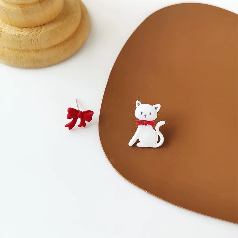 White Cat and Red Ribbon Stud Earrings