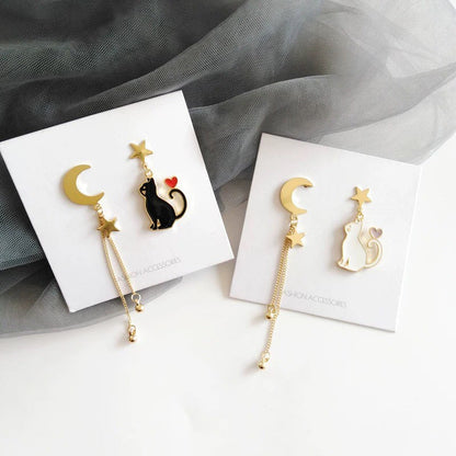 Black/ White Cat with Moon and Star Dangle Earrings