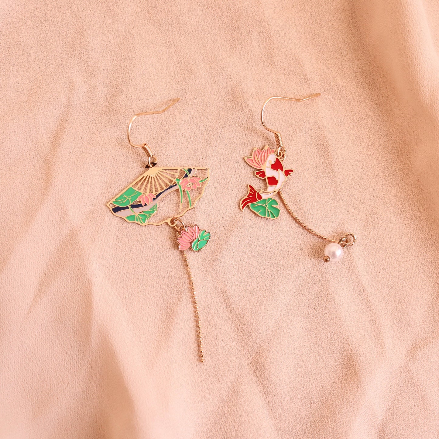 Gold Fish and Lily Pond, Koi and Water Lily Fan Earrings