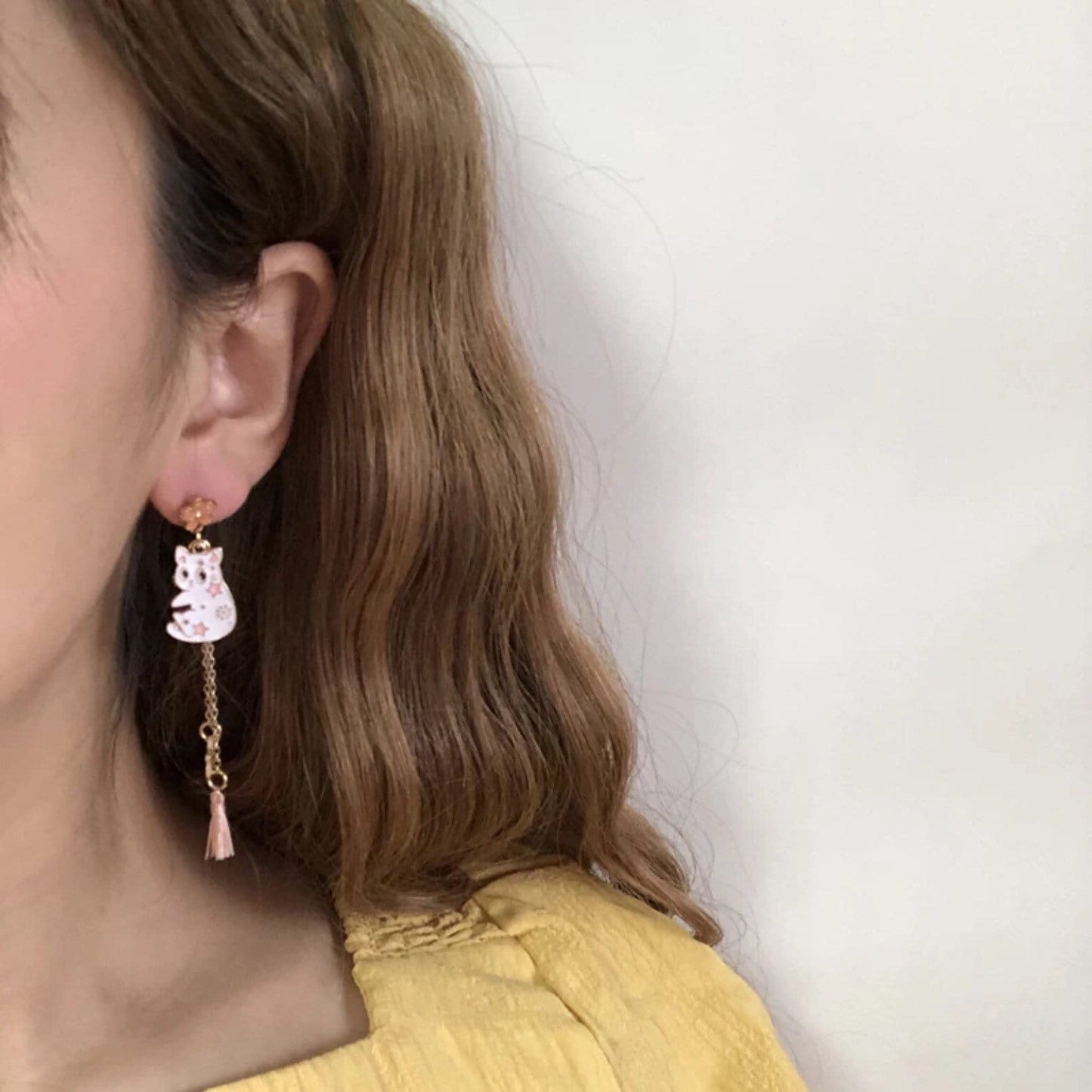 Cat Sakura and Fan Earrings, Japanese Cherry Blossom Mismatch Earrings