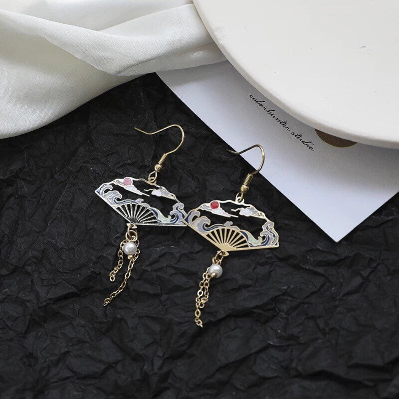 Vintage Style Fan/ Japanese Traditional Fan Laser-Cut Dangle Earrings