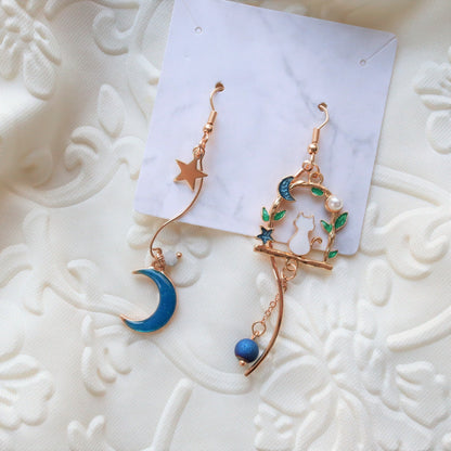 Blue Moon Cat Cute Dangle Earrings