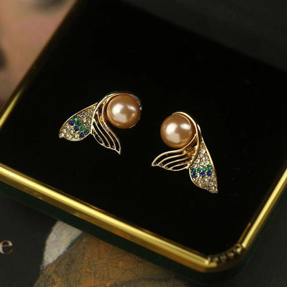 Mermaid Tail Golden Pearl Stud Earrings