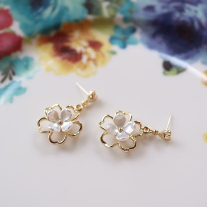 Golden Heart with White Flower Dangle Earrings