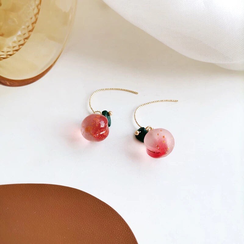 Peach Fruit Earrings, Pink Nectarine Nectar Dangle Earrings