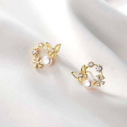 Butterfly Pearl Gold Ring Circle Stud Earrings