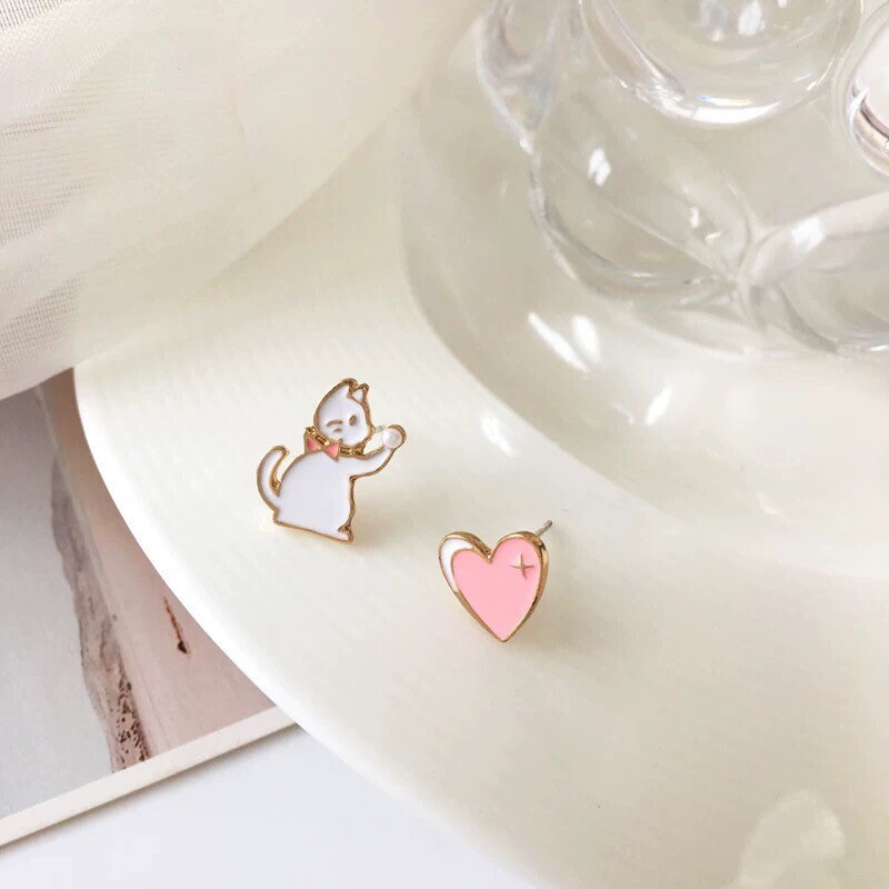 White Cat and Pink Heart Stud Earrings