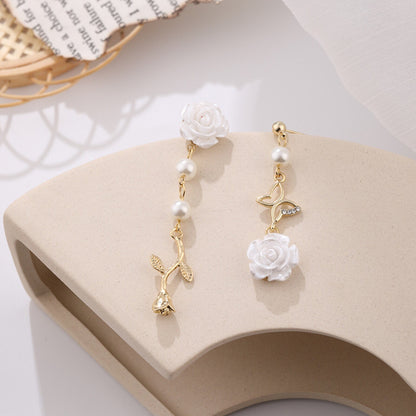 White Rose Butterfly Pearl Dangle Earrings