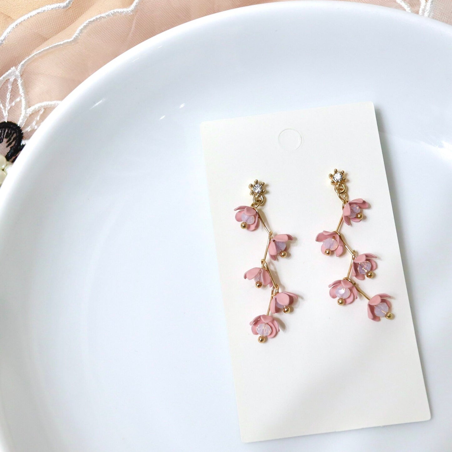 Pink Cherry Blossom Flower Dangle Earrings