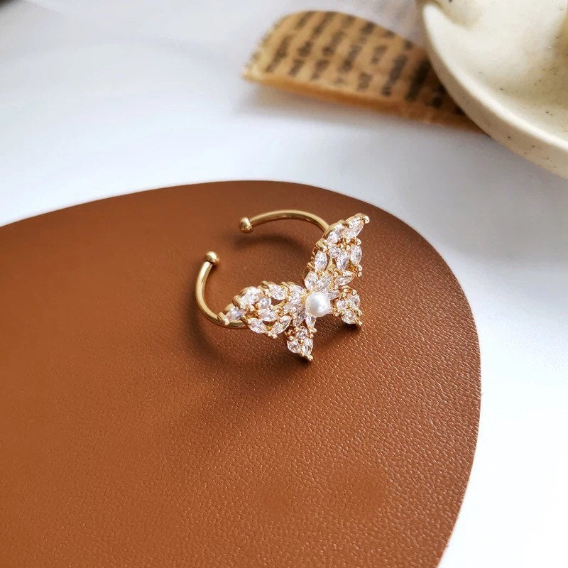 Gold Butterfly Ring, Sparky Cubic Zirconia Adjustable Open Ring