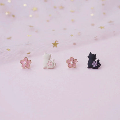 Cat Sakura Cherry Blossom Stud Earrings, White Cat/ Black Cat