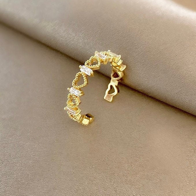 Gold Heart Valentine's Ring, Open and Adjustable Ring, with Cubic Zirconia