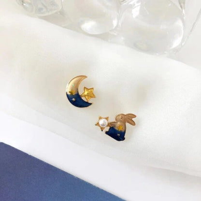 Rabbit and Blue Moon Stud Earrings