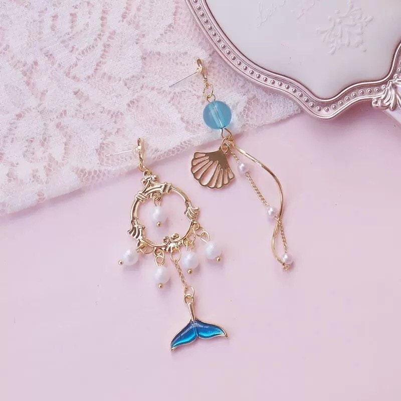 Mermaid Blue Fish Tail Sea Shell Gold Dangle Earrings