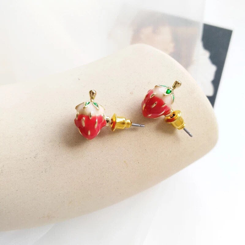 Dainty Enamel Strawberry Stud Earrings