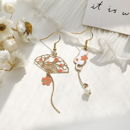 Sakura Cherry Blossom, Cat and Fan Laser-Cut Earrings