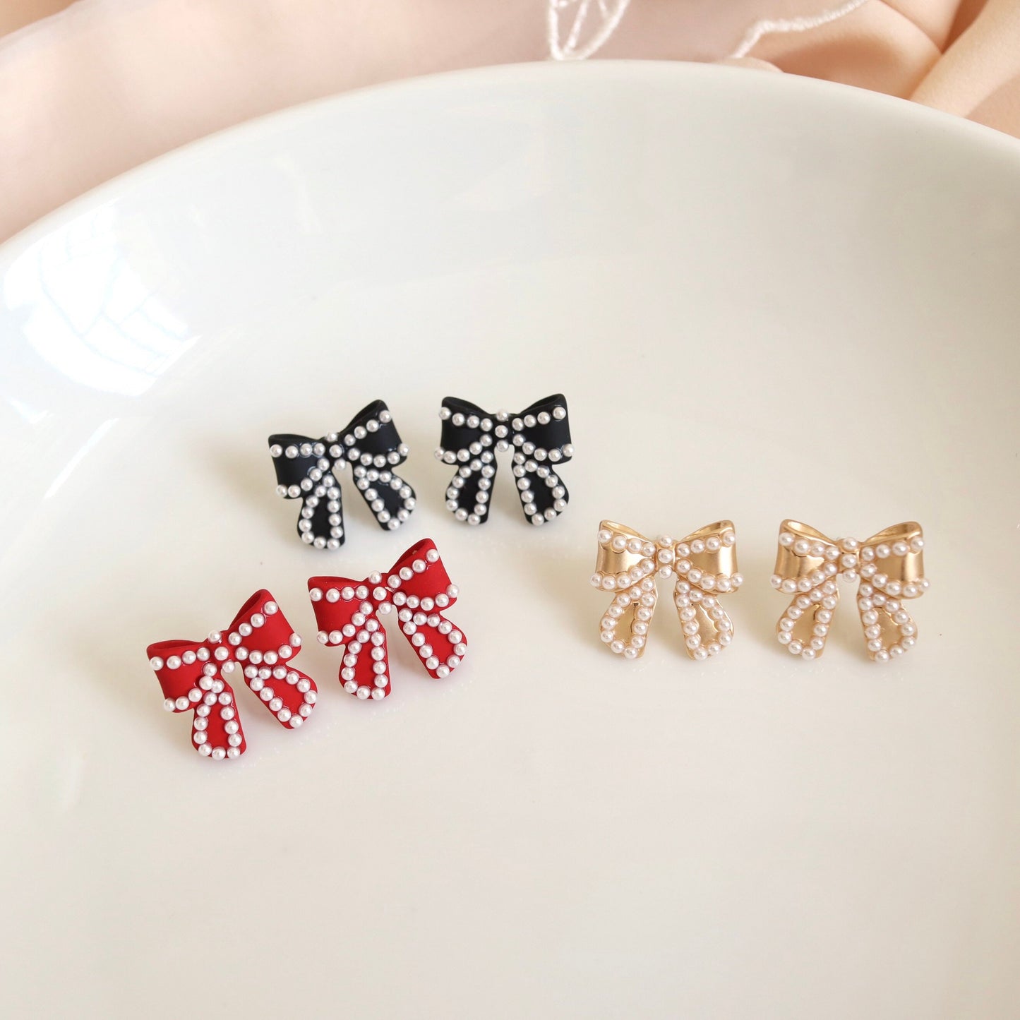 Bow and Mini Pearl Ribbon Stud Earrings, Black/ Red/ Gold/ Pink