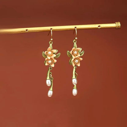 Double Flower and Pearl Dangle Earrings