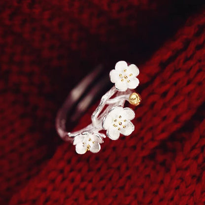 Cherry Blossom Sakura Silver Adjustable Ring, 925 Sterling Silver Ring