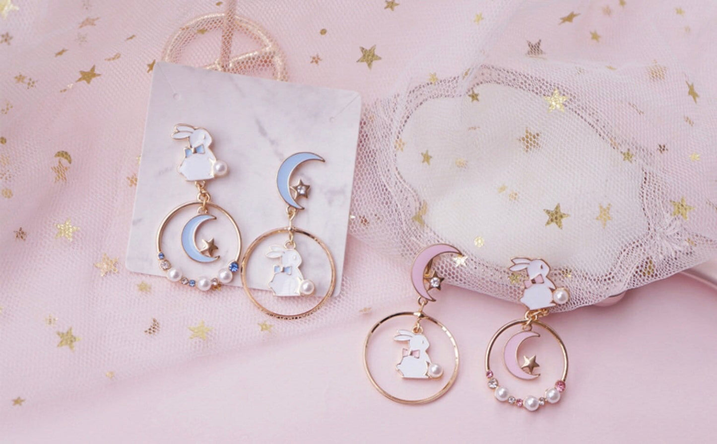 Cute Bunny/ Rabbit Moon and Star Dangle Earrings, Pierced or Clip On