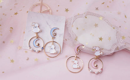 Cute Bunny/ Rabbit Moon and Star Dangle Earrings, Pierced or Clip On