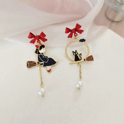 Witch and Black Cat Earrings, Magic Girl Kiki Earrings