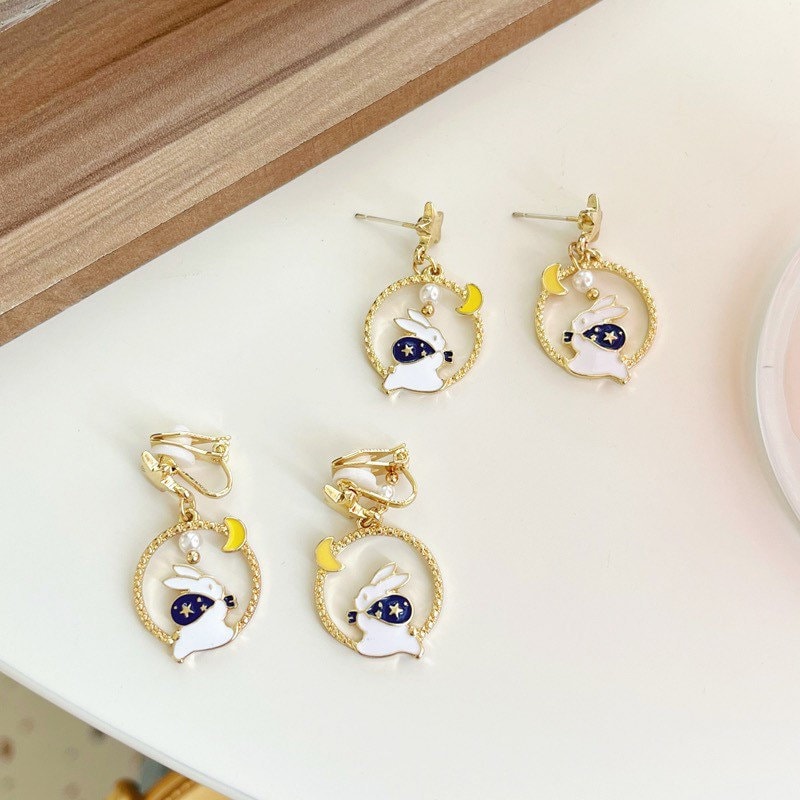 Rabbit on the Moon Earrings, Bunny Moon and Stars Earrings