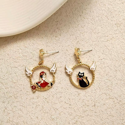 Witch and Black Cat Magic Girl Earrings, Japanese Anime Kiki's Earrings