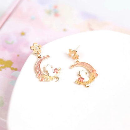 Moon Cat Cherry Blossom Earrings