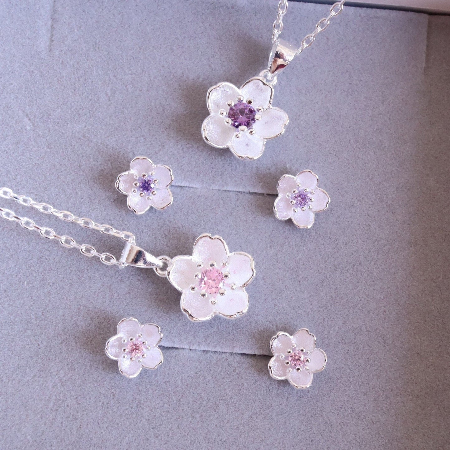 Cherry Blossom Sterling Silver Jewelry Set, Flower Necklace/ Earrings, Pink or Purple Cubic Zirconia Jewelry