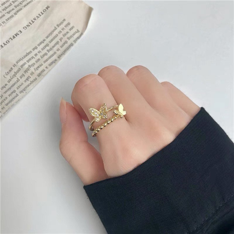 Butterfly Double Layer Gold Ring, Statement Ring, Open Ring, Adjustable Ring