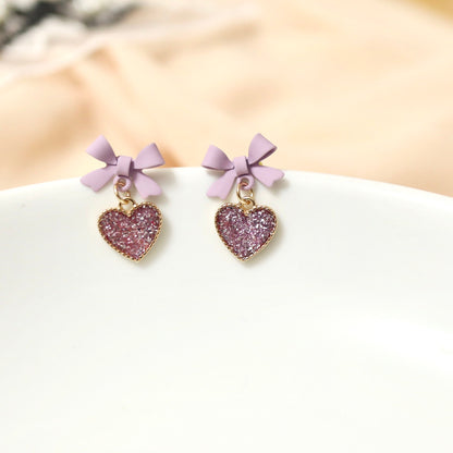 Purple Glitter Heart Drop Earrings, Lavender Bow Earrings