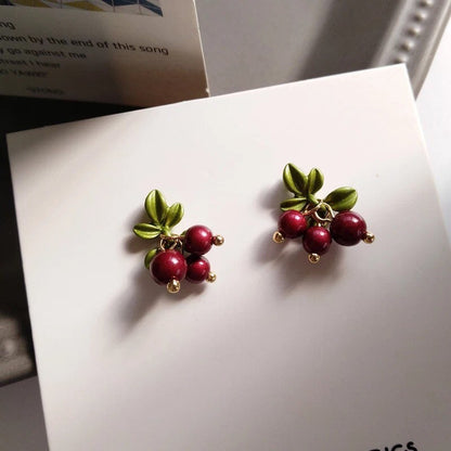 Red Cranberry with Green Leaves Fruit Drop Earrings