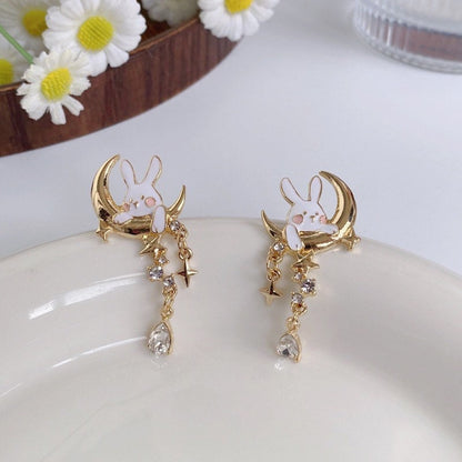 Rabbit on the Moon with Sparkling Star Dangle Earrings