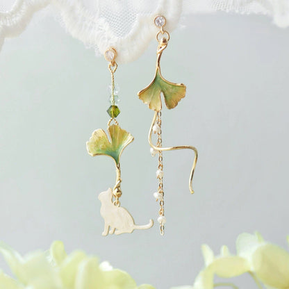 Cat and Leaf Foliage Autumn Earrings