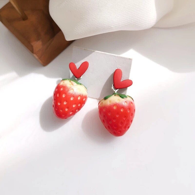 Big Strawberry Red Heart Dangle Earrings