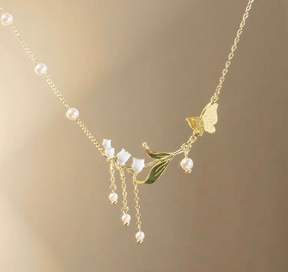 Lily of the Valley Necklace, White Flower and Butterfly Choker