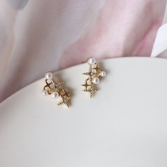 Golden Starburst and Pearl Stud Earrings