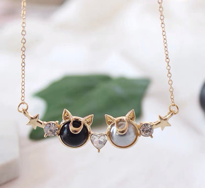 Sailor Moon Inspired Cat Necklace/ Earrings, Black and White Cat, Jewelry Set