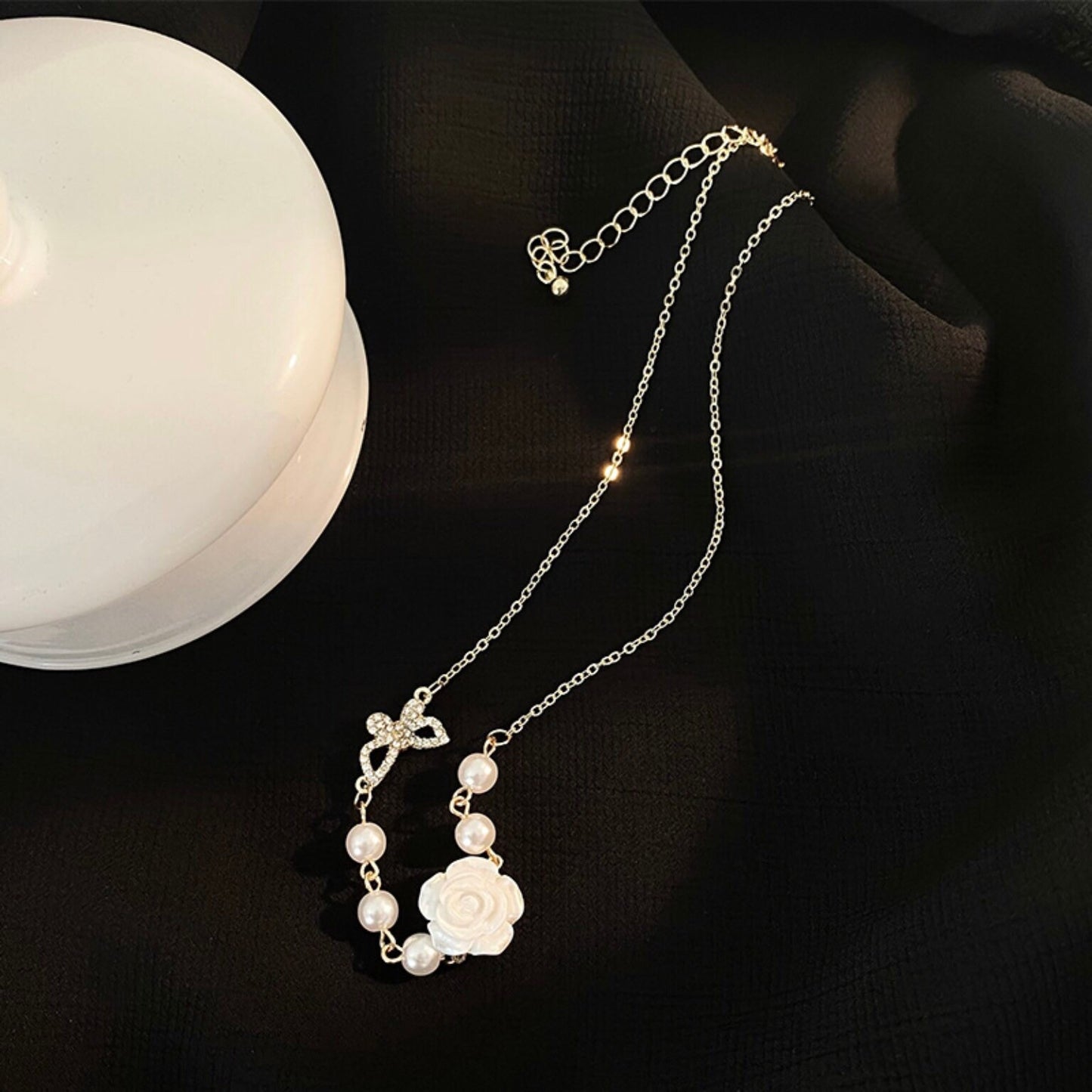 White Rose, Butterfly and Pearl Choker Necklace