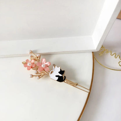 Japanese Cherry Blossom and Hugging Cats Hair Clip